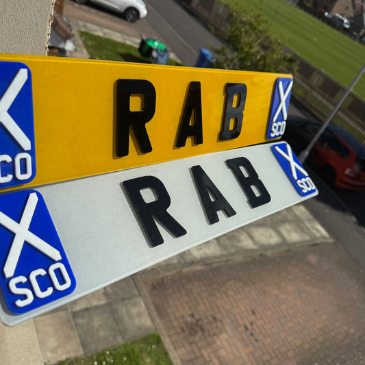 Custom 4D Scottish Name Plates | Symmetrical Raised 4D SCO Flags | Premium Show Edition
