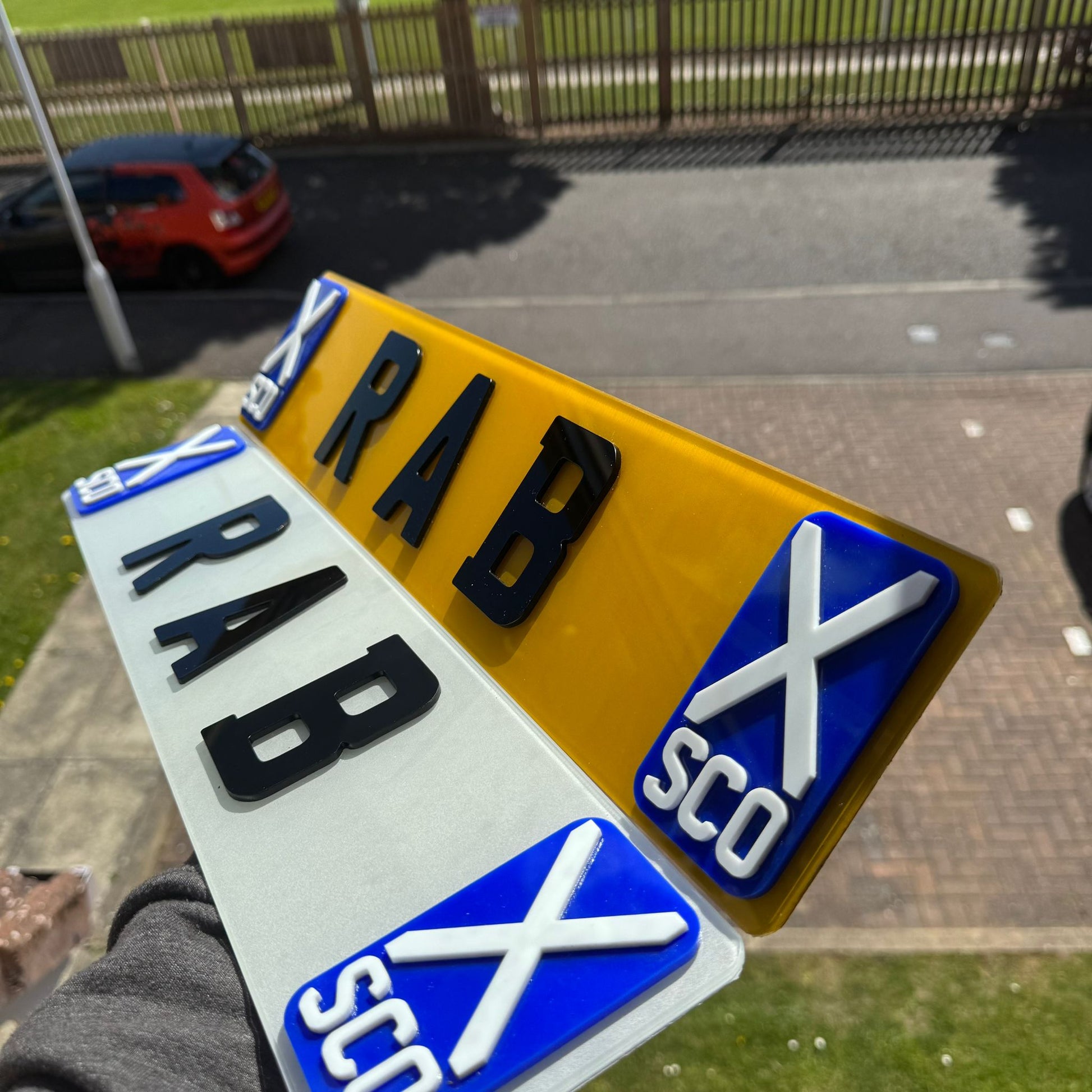 Custom 4D Scottish Name Plates | Symmetrical Raised 4D SCO Flags | Premium Show Edition