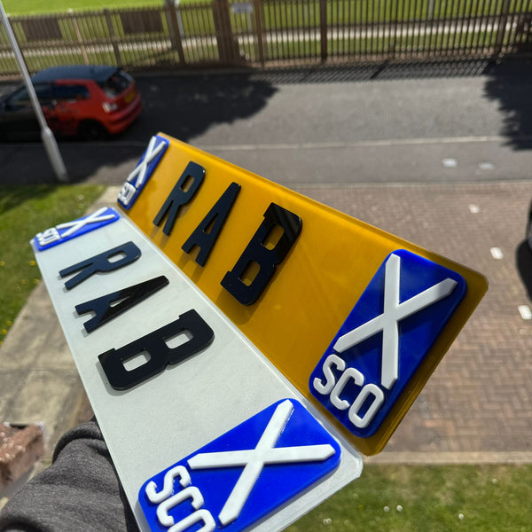Custom 4D Scottish Name Plates | Symmetrical Raised 4D SCO Flags | Premium Show Edition