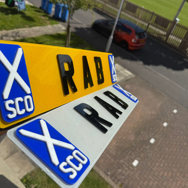 Custom 4D Scottish Name Plates | Symmetrical Raised 4D SCO Flags | Premium Show Edition